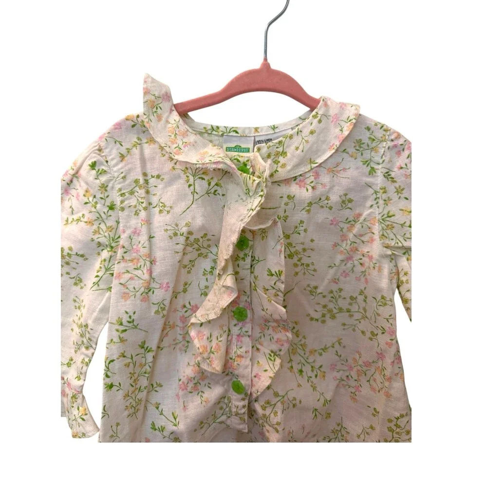 Vintage Y2K Sesame Street Girls Floral Ruffle Tie Front Top Shirt 3T